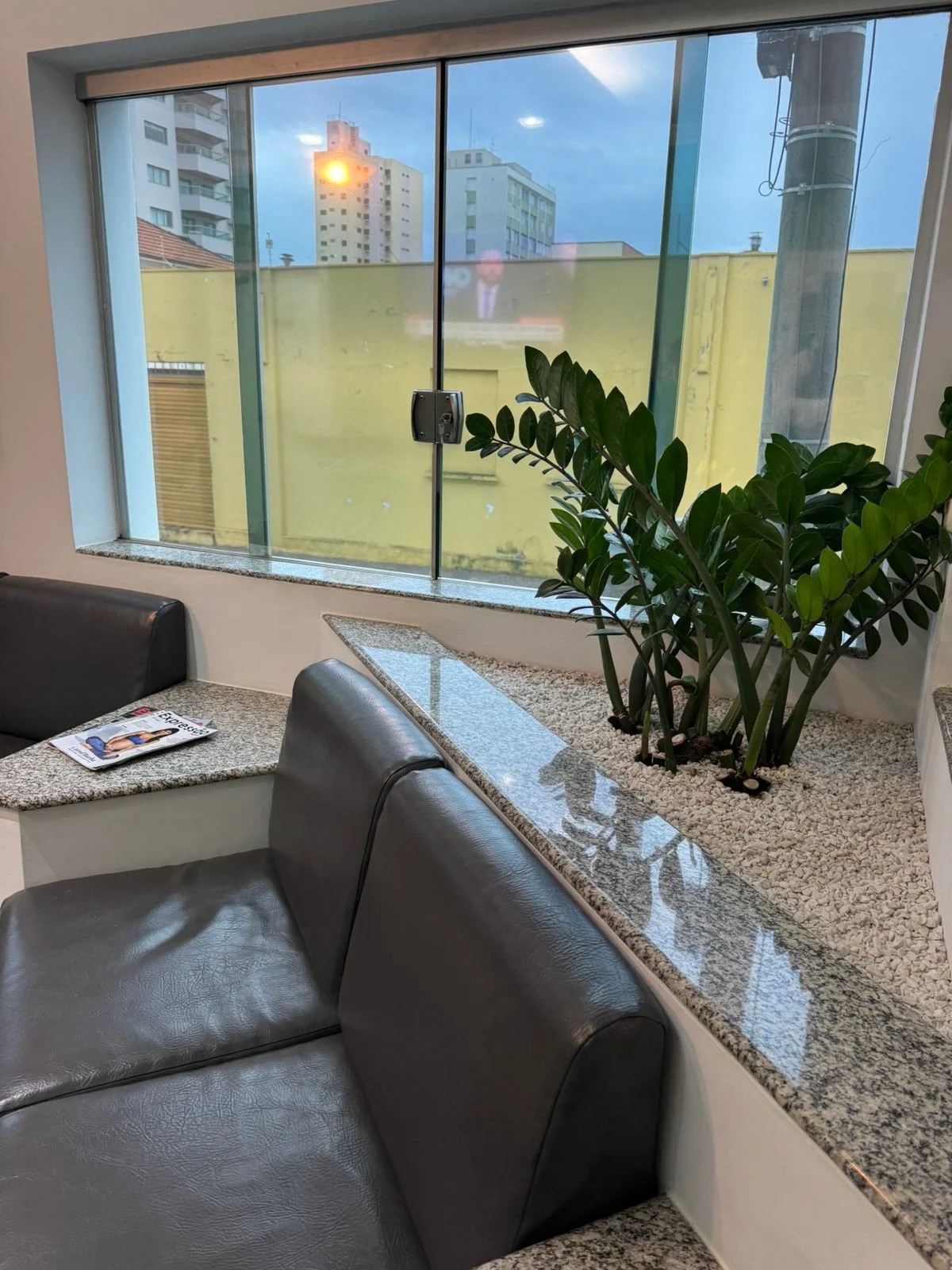 Sala de espera da Clínica Fonseca com poltronas e plantas